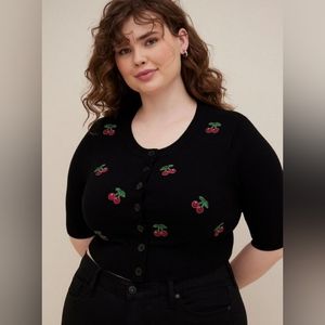 TORRID Cardigan Button-Front 3/4 Sleeve Cropped Sweater with cherries